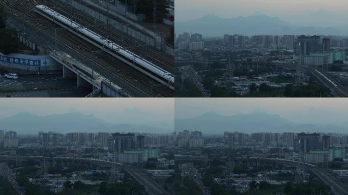 俯拍高铁，城市交通，傍晚北京街景