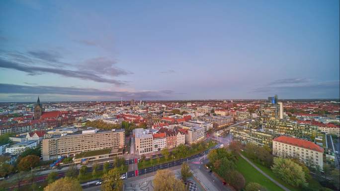 汉诺威鸟瞰图德国首府大气空镜日转夜