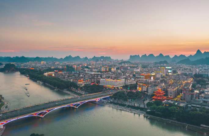 桂林夜景航拍延时风光城市大气风景日落