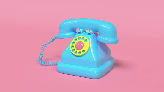 3d渲染蓝色旧电话粉色背景卡通风格
