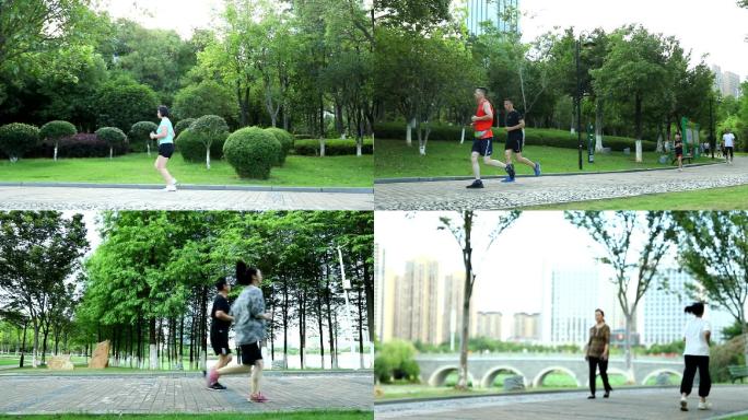 升格拍摄公园里晨跑的市民锻炼身体健步走