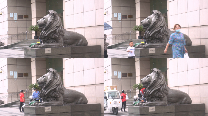 银行门口的石狮子（延时摄影）