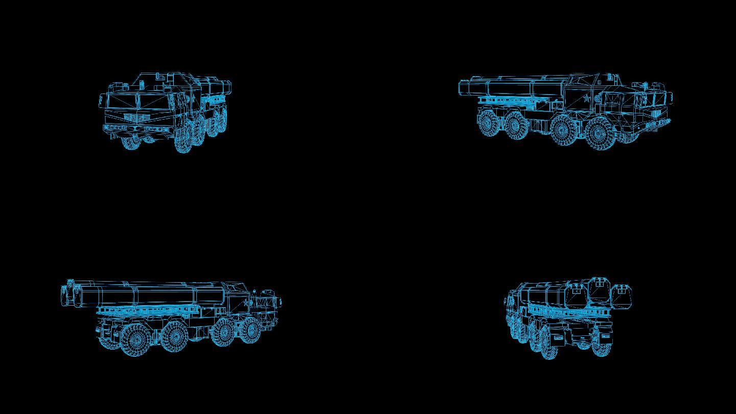 蓝色线框全息科技导弹车动画带通道