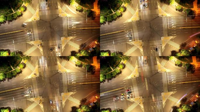 夜景城市十字路口航拍、延时摄影