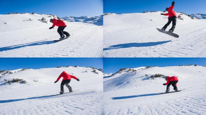 滑雪板运动员在下山时练习跳跃技巧