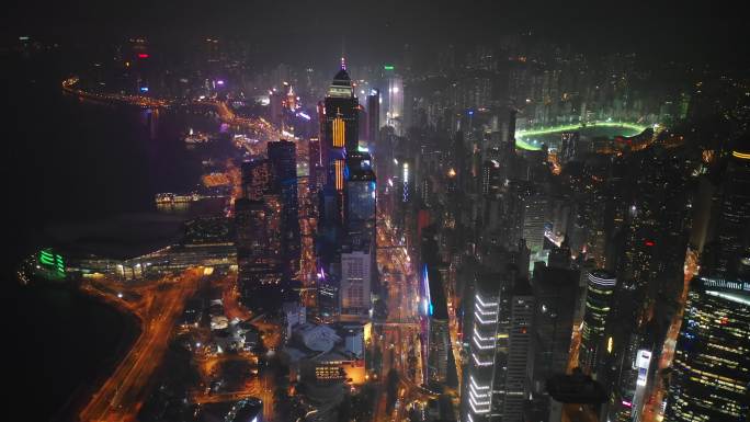 夜间照明香港市市中心湾交通街空中全景