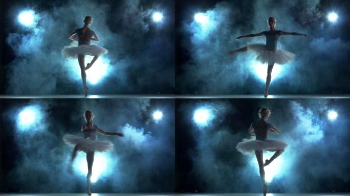 芭蕾舞女在蓝色的舞台上跳舞