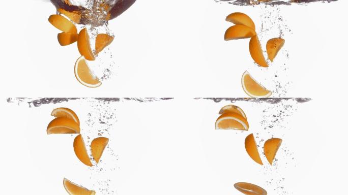 橘子溅入水中的超慢镜头