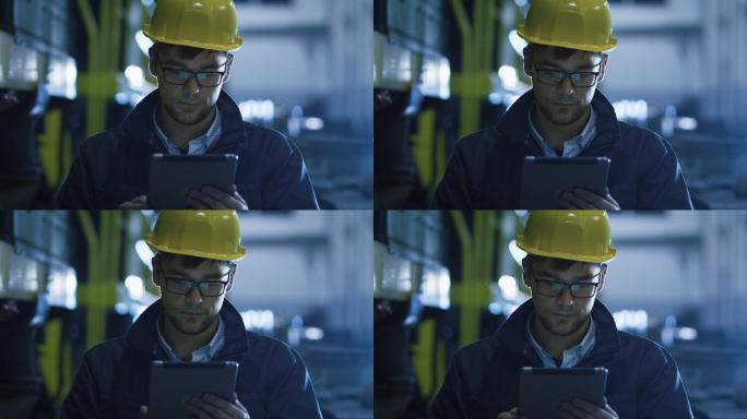 技术人员在工厂中使用平板电脑检查