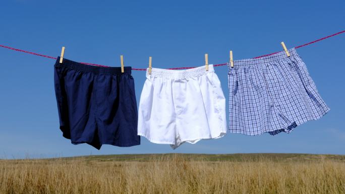 三条短裤放在洗衣线上