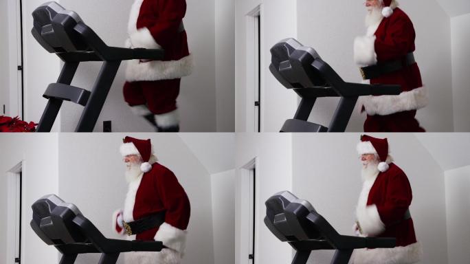 圣诞老人在健身房跑步机上跑步