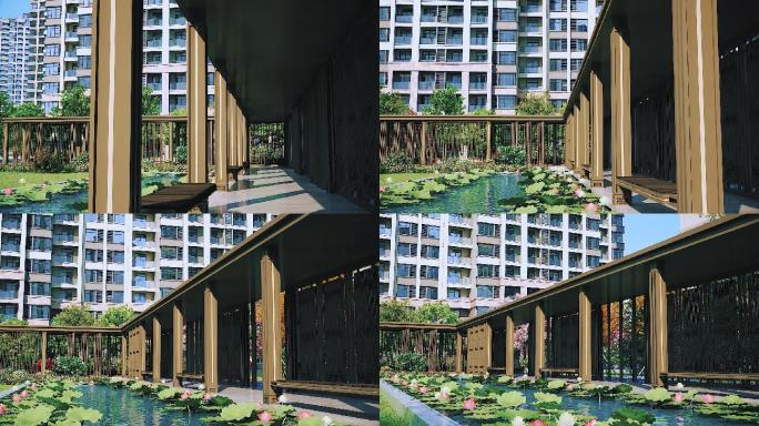 园林景观新中式连廊水池走廊