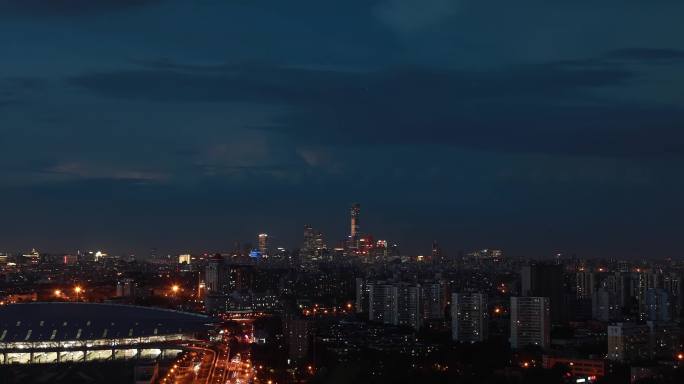 北京白转夜闪电空镜头，城市亮灯夜景，