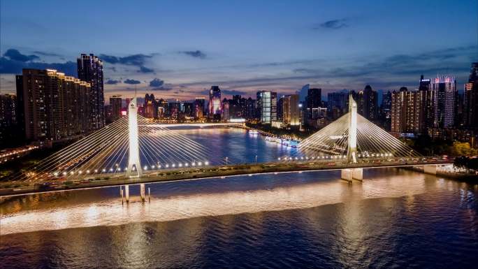 广州珠江海印桥两岸灯光夜景日转夜航拍