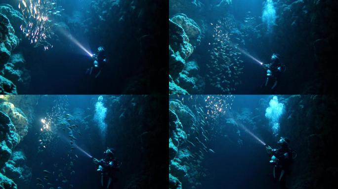 潜水员大海海景海洋实拍视频素材空镜探照灯