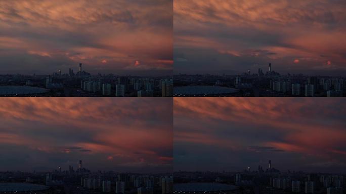北京延时上空，晚霞空镜头，云霞窗外黄昏