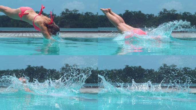 女游客跳进游泳池在炎热的夏季
