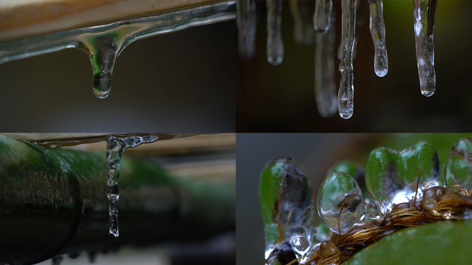 滴水水滴结冰冰柱融化环境保护，多镜头特写