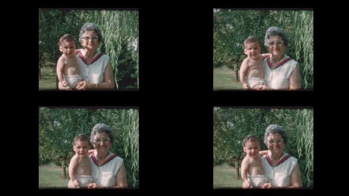 老奶奶抱着小孙子的画像