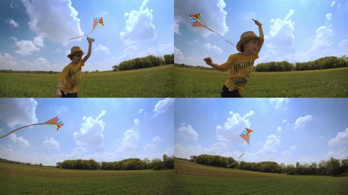 美丽的小女孩在放风筝。
