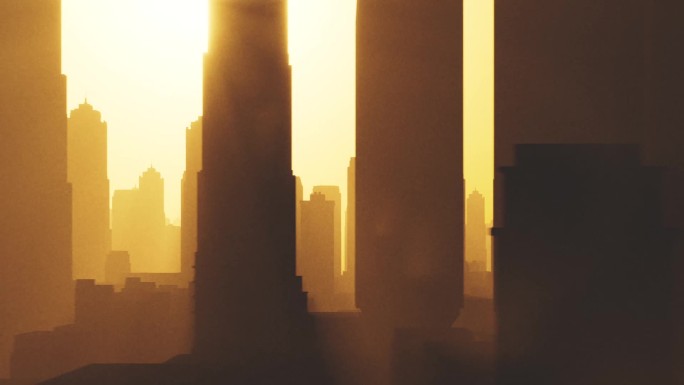 朝阳阳光迷雾城市摩天大楼