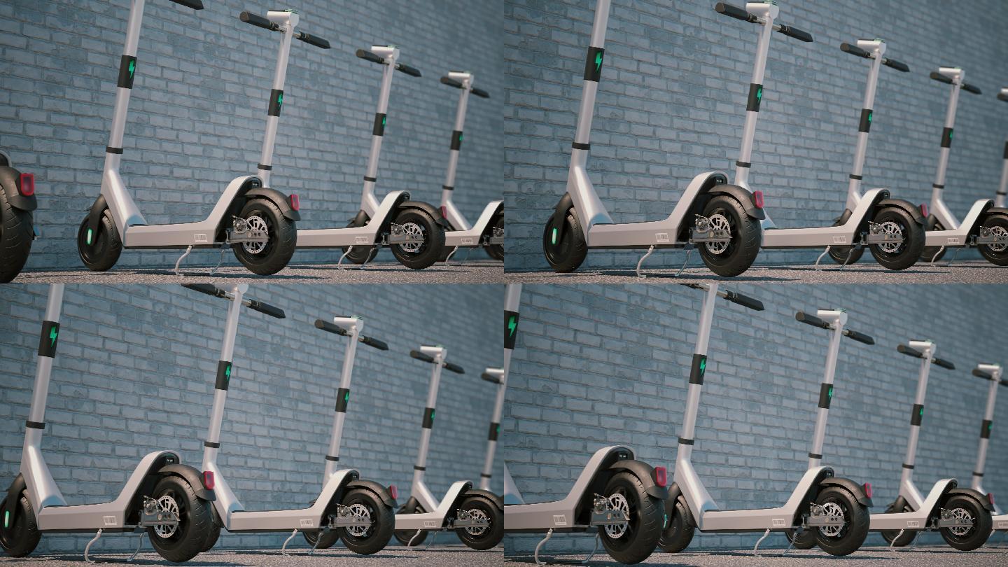 相机动画沿着现代电动摩托车停在一排