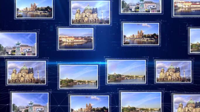 蓝色科技点线面照片墙图片相片汇聚AE模板