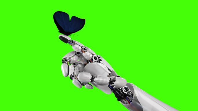蝴蝶落在机器人的手上，背景是绿色的