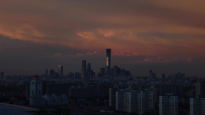 北京cbd空镜黄昏傍晚雨后国贸中国尊晚霞