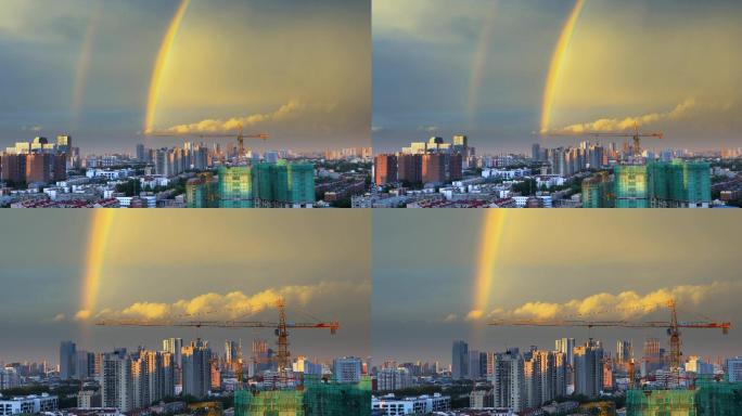 城市建筑工地雨后双彩虹