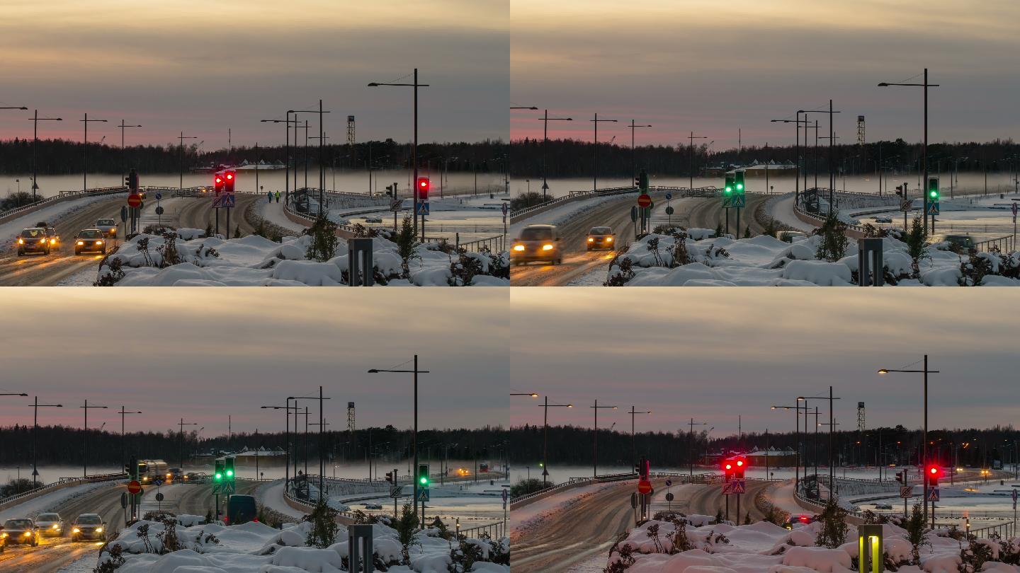 冬季桥上交通延时摄影