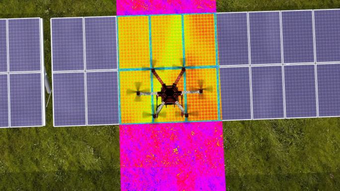 无人机飞越太阳能模块并寻找错误