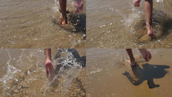 光着脚在沙滩上奔跑