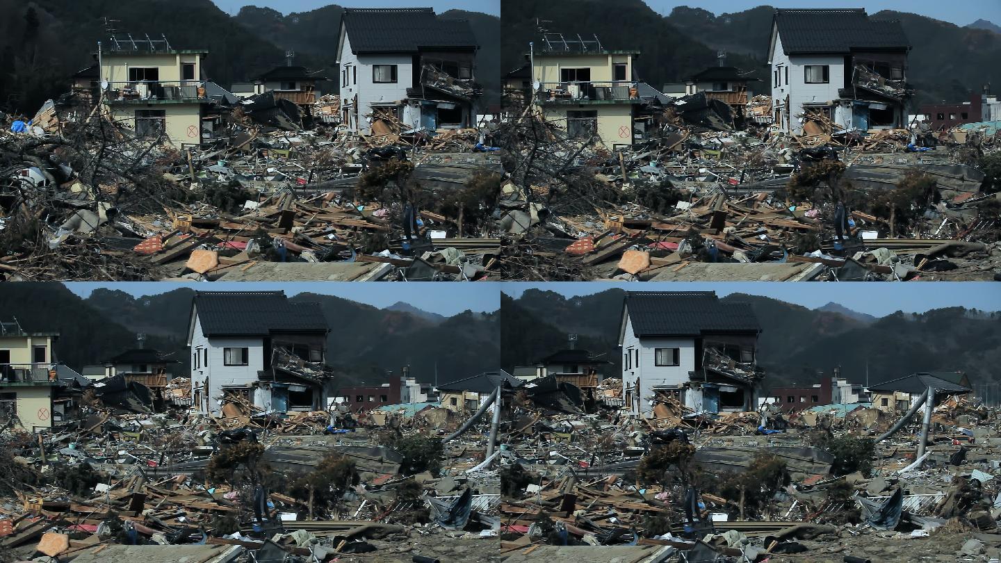 海啸肆虐后的城市，街道上有很多垃圾