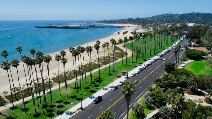 加州圣巴巴拉西海岸海滩空中无人机视图