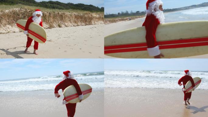 圣诞老人拿着冲浪板在海滩上跑步