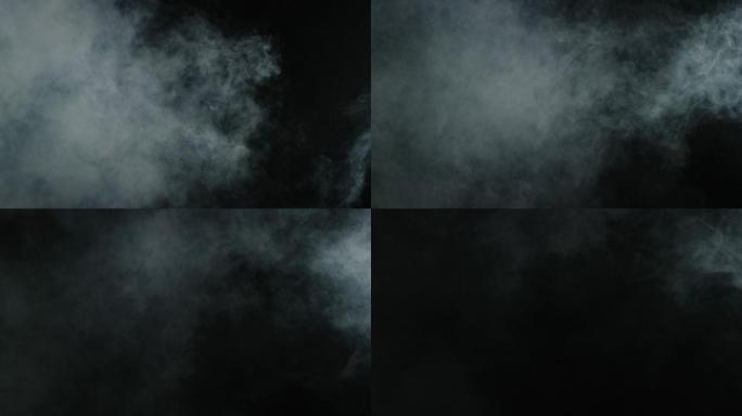 烟/雾/气体随着阵风快速移动，填充黑色背