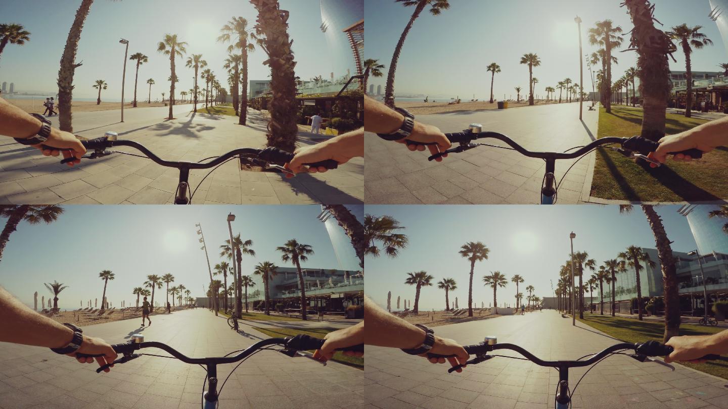 暑假在巴塞洛内塔海滩骑自行车