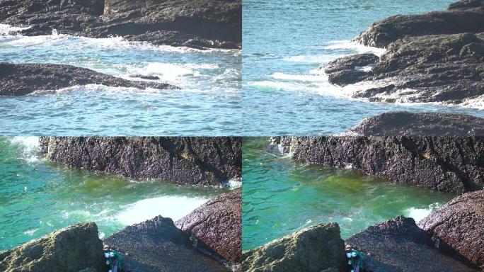 一组海边海浪拍打礁石的镜头