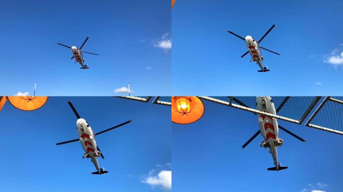 直升机慢动作降落在油气平台直升机甲板上