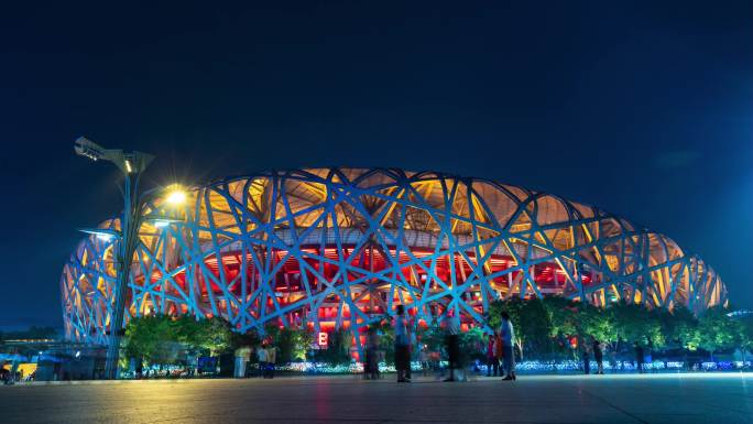 北京鸟巢4k夜景人群延时