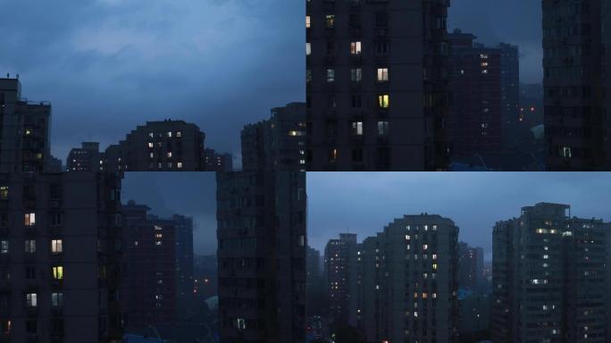 居民楼黎明，城市住宅区，清晨雨景，下雨