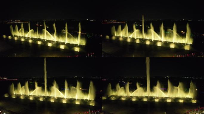 高清夜景航拍喷泉西湖泰安景区