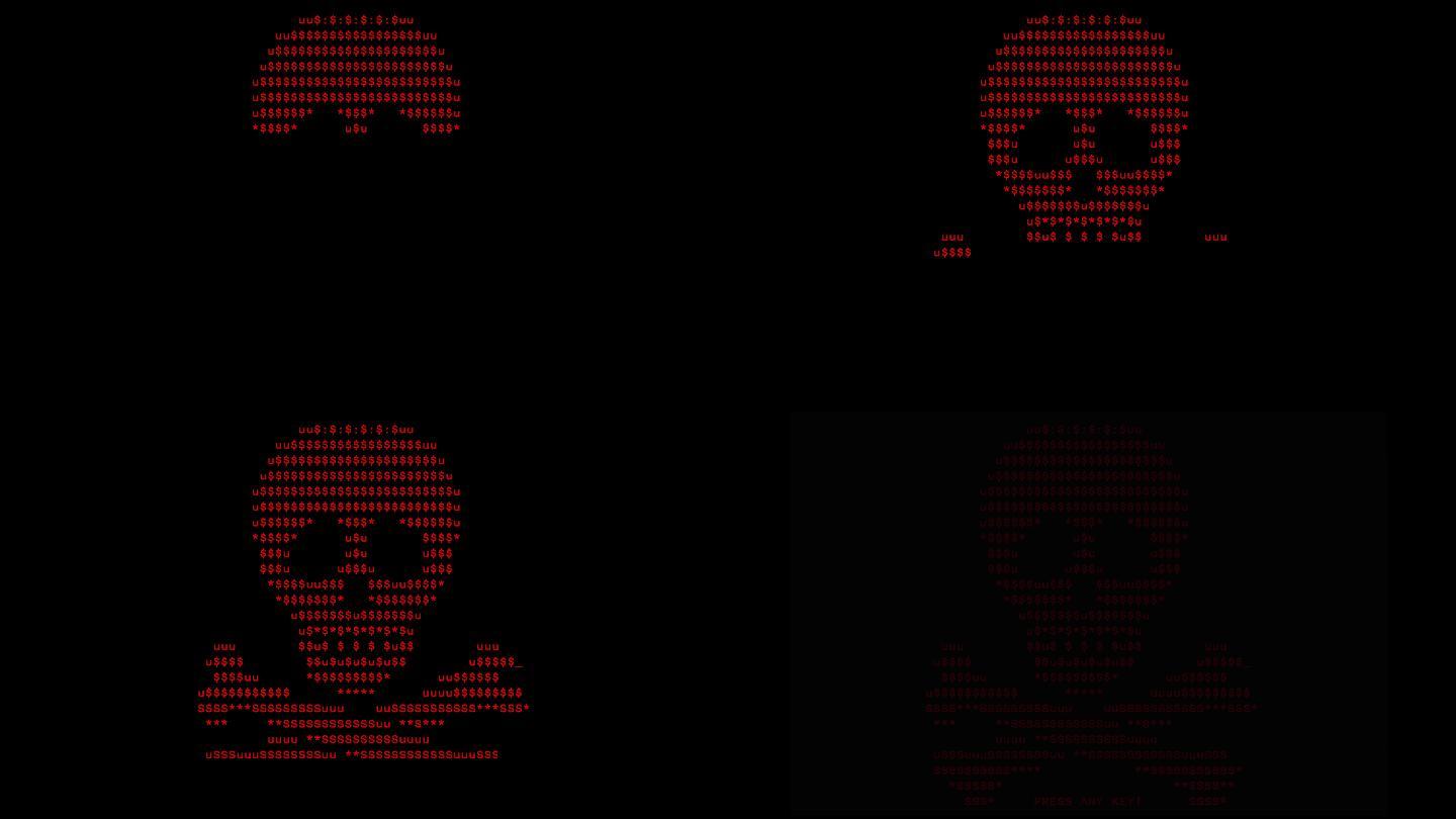 电脑病毒造成的屏幕，文字头骨和闪烁的屏幕
