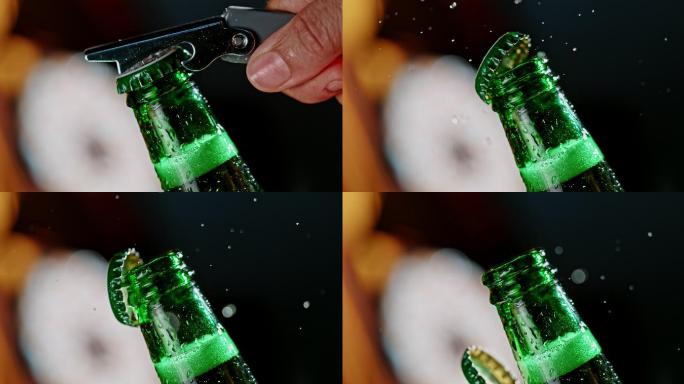 打开一瓶啤酒开酒升格高速摄影