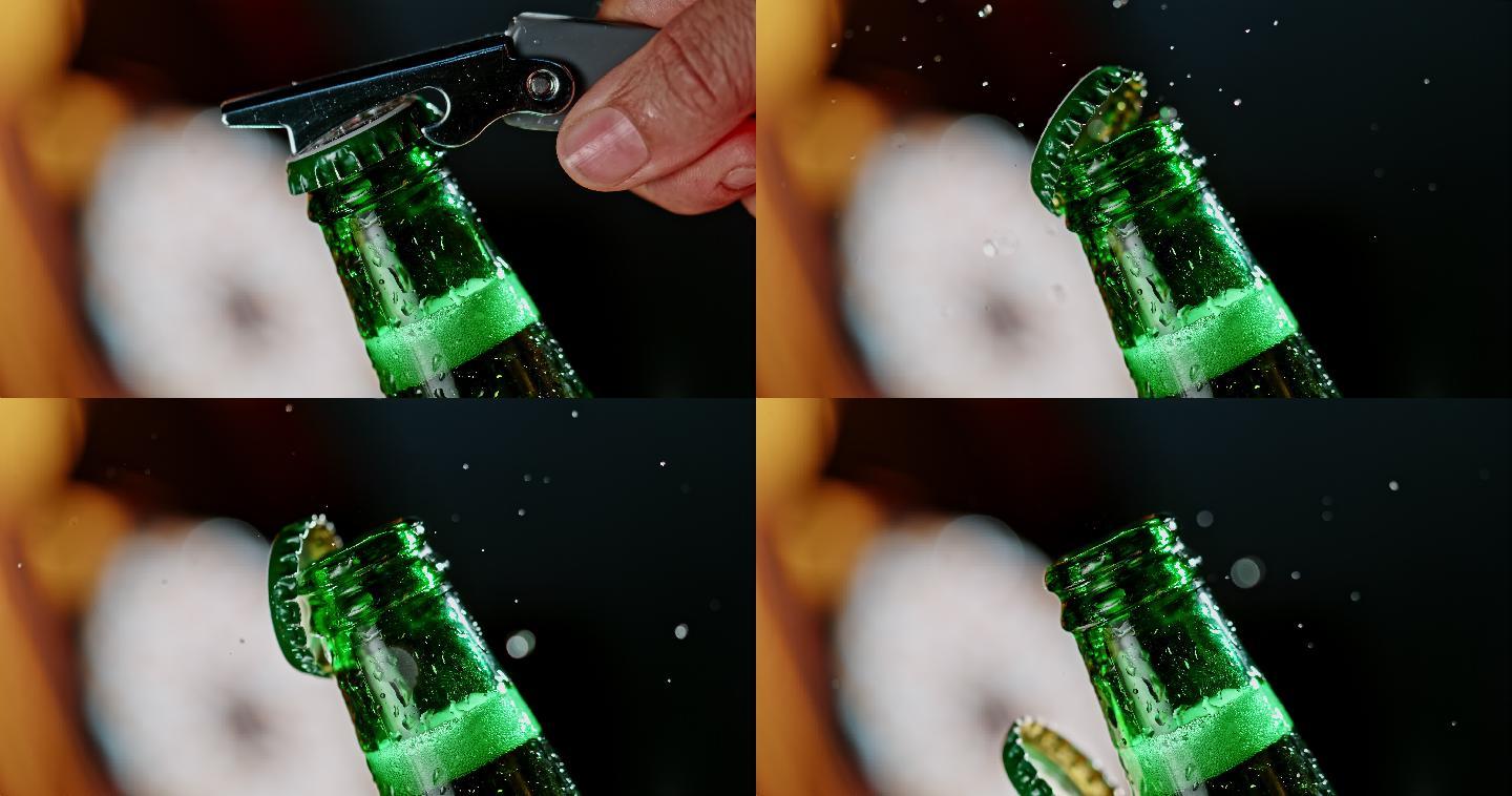 打开一瓶啤酒开酒升格高速摄影