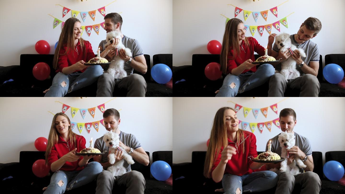 庆祝宠物生日的年轻夫妇