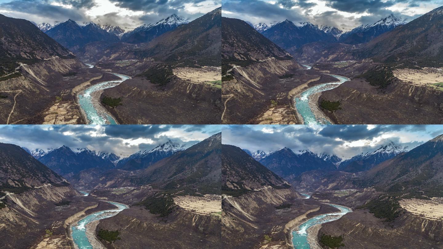 雅鲁藏布江鸟瞰图自然飞机视角远处