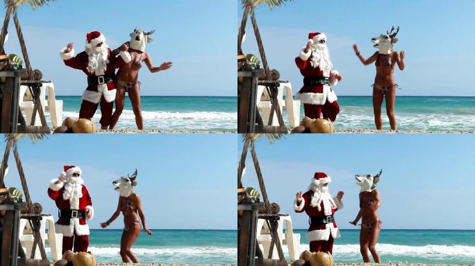 在沙滩上跳舞的圣诞老人