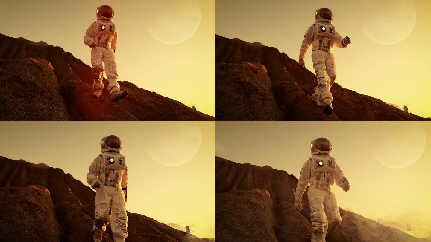勇敢的宇航员从火星的山上下来。